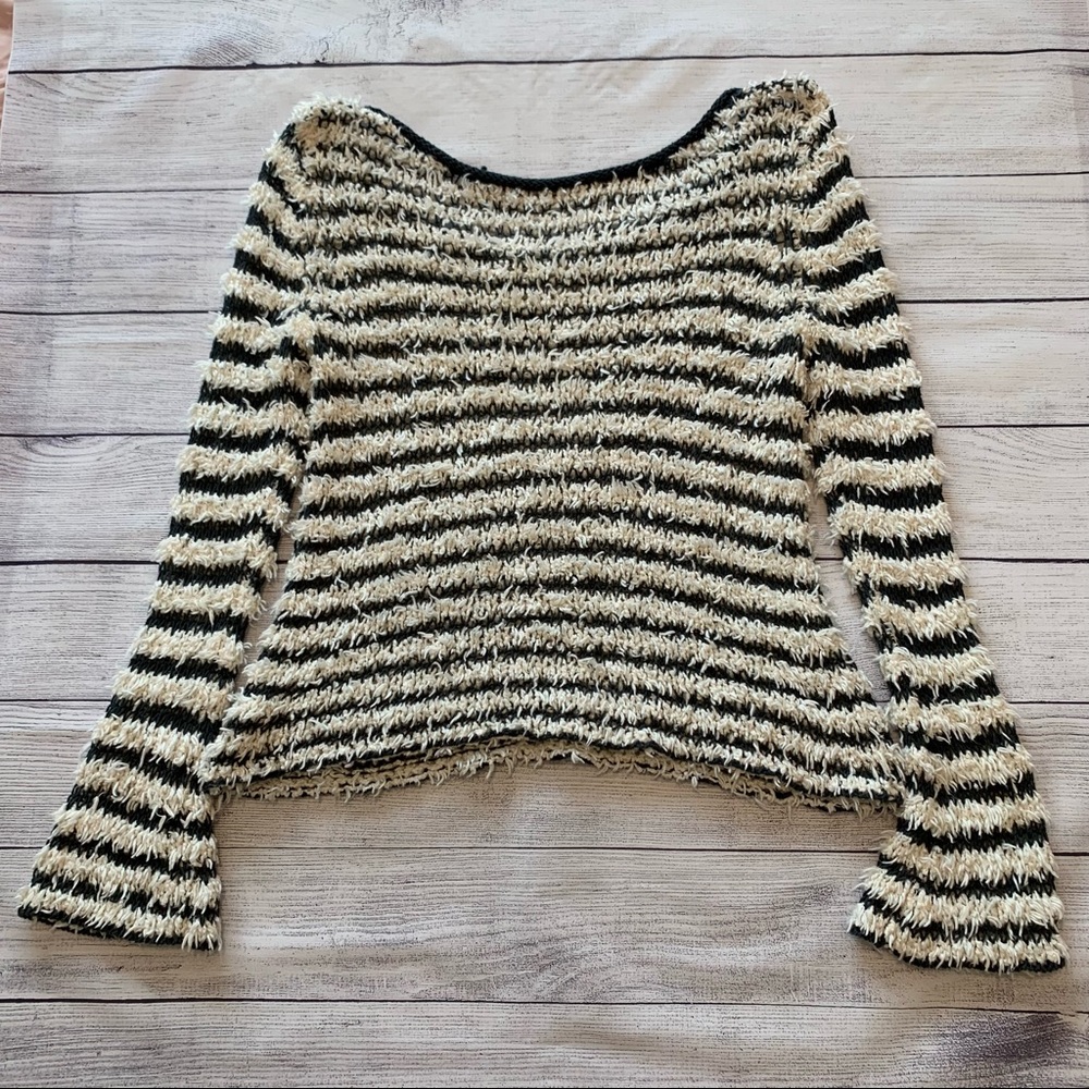Free People Downy Shaggy Striped Fuzzy Eyelash Sweater Gray Ivory - Picture 7 of 7
